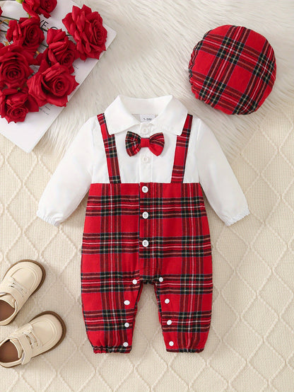 2pcs Baby Boy Christmas Party Outfit - Red & Black Plaid Long Sleeve Jumpsuit with Bow Tie & Hat, Casual School Style, Soft & Comfortable for Fall/Winter, Perfect for Holiday Celebrations, Baby Boy Christmas Clothes, for Outd