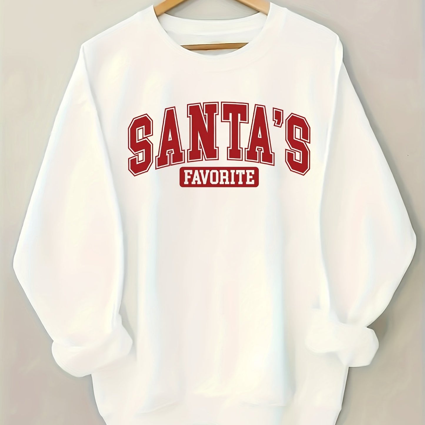 Women's White Christmas Crewneck Sweatshirt with "SANTA's FAVORITE" Red Lettering - Casual Round Neck Long Sleeve Holiday Sweater, Machine Washable All-Season Casual Wear, Festive Winter Party Outfit & Everyday Winter Clothin