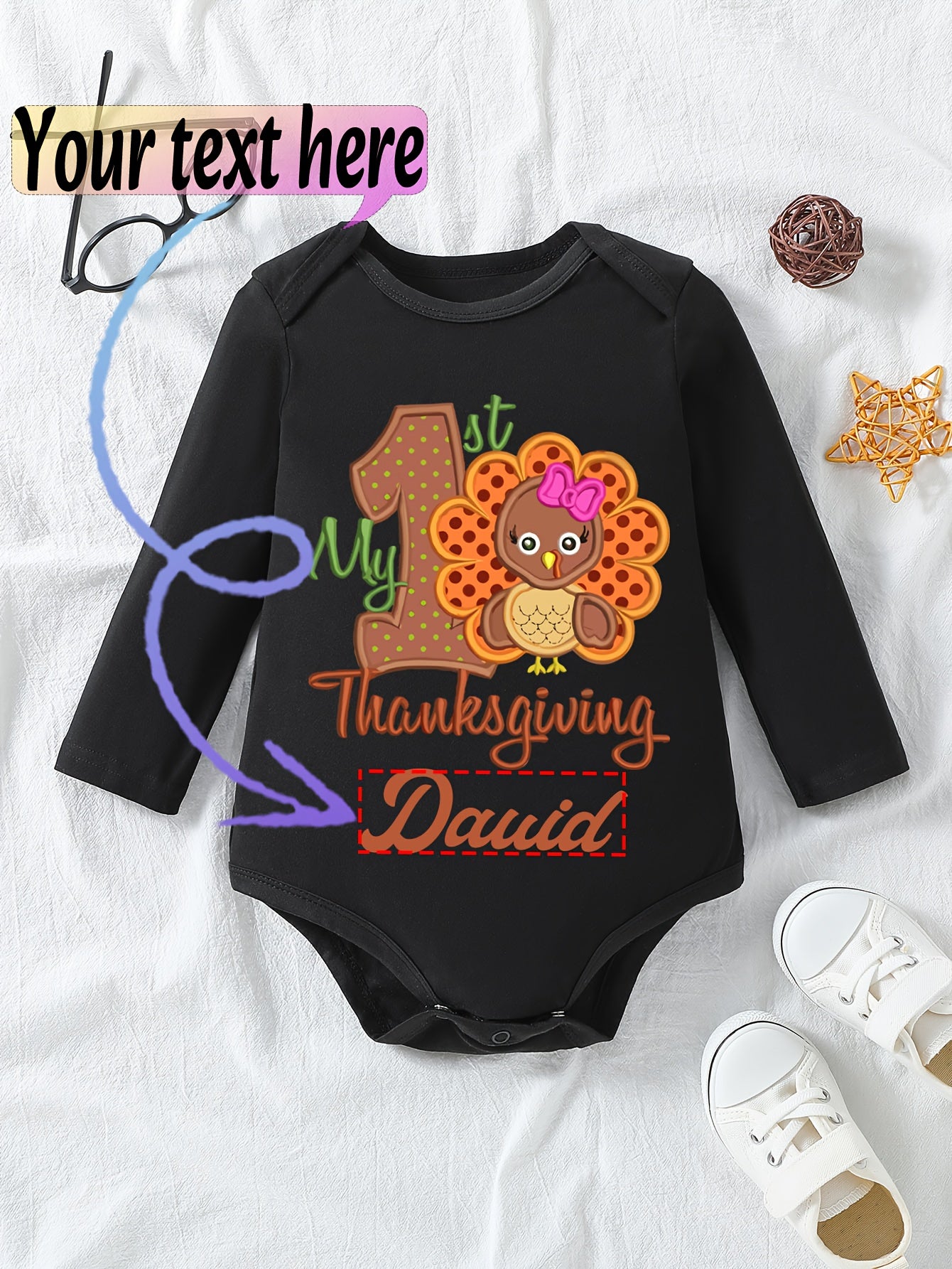 1pc Baby Long Sleeve Romper - Thanksgiving, Halloween, Christmas & Birthday Outfit with Custom Logo/Text - Soft Grey Onesie for Newborns, Infants, Toddlers - Easy Button Closure - Perfect for Photoshoots, Family Gatherings, E