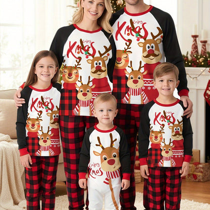 MOSSRIVER Christmas Pajamas Family Matching Soft Reindeer Print Set - Cozy Long Sleeve & Pants, Red & Plaid Design with Santa & Reindeer, Perfect for Celebrations, All-Season Comfort, Christmas Clothes, Festive, Playful Desig