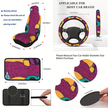 6-Piece Complete Car Decoration Kit - Soft Polyester Steering Wheel Cover, Center Console Pad, Cup Holder Coasters, and More - No Filler, Durable, and Easy to Clean Nightmare Before Christmas Accessories