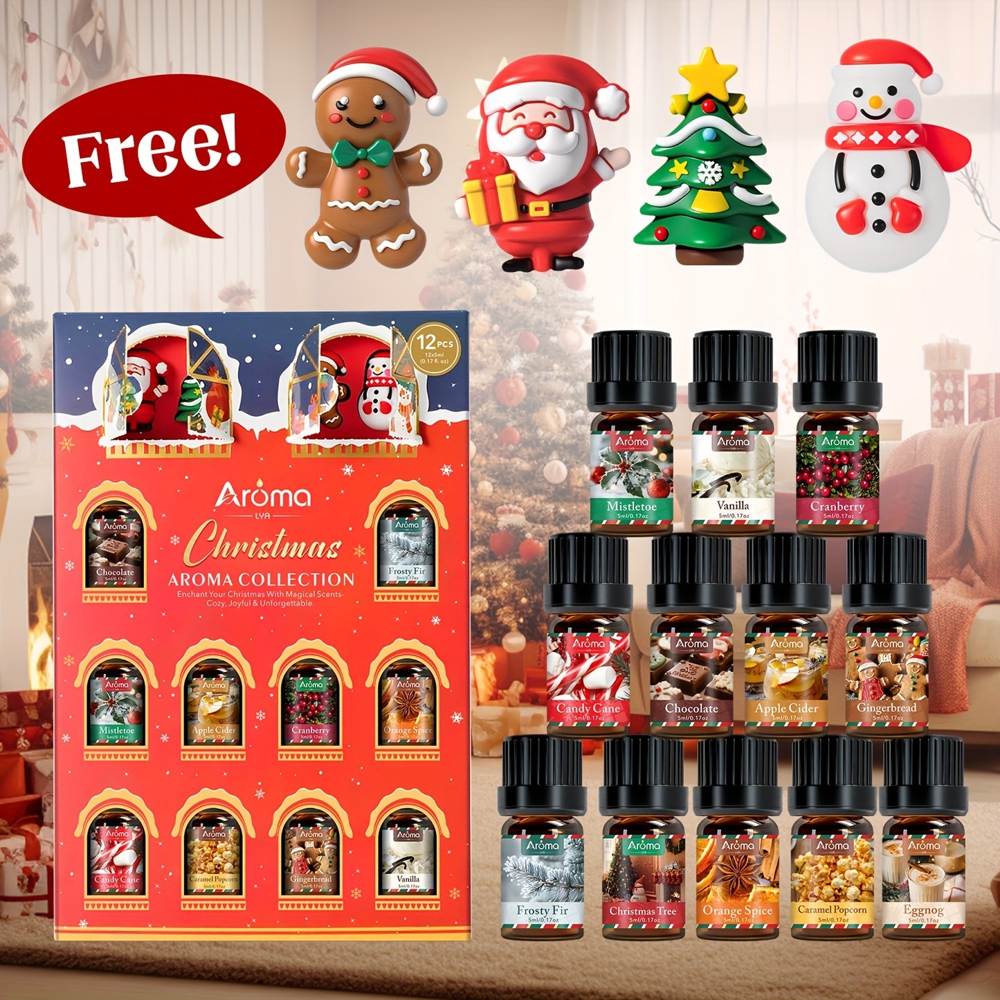 12*0.17oz Christmas Essential Oil Set - Christmas Wreath, Gingerbread, Cinnamon, Harvest Spices, Cedarwood, Peppermint - Air Freshener, Humidifier Supplies, Home Fragrance, Holiday Decor, Christmas Gift Set, Local Warehouse,