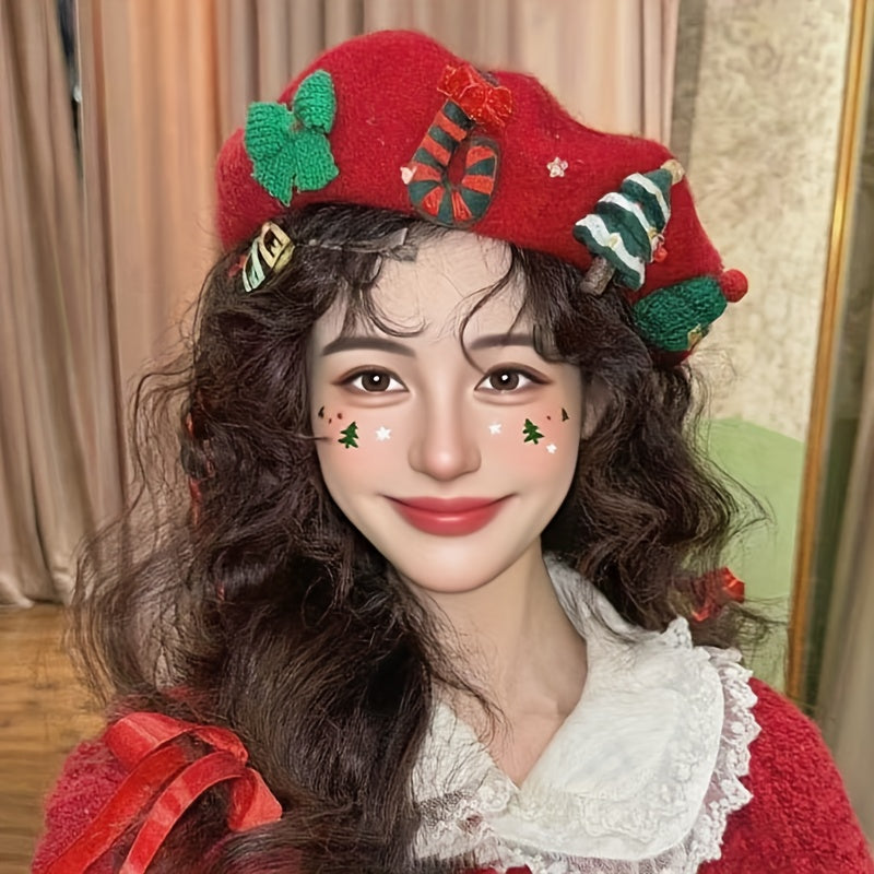 Ladies' Red Christmas Beret with 3D Christmas Tree Winter Hat Suitable for Holiday Parties, Photography, Valentine'S Day And New Year'S Eve, Festive Christmas Headwear, Seasonal Clothing, Decorative Headwear, A Must-have for
