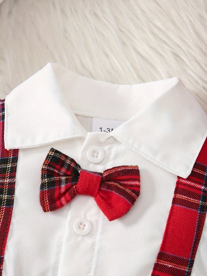 2pcs Baby Boy Christmas Party Outfit - Red & Black Plaid Long Sleeve Jumpsuit with Bow Tie & Hat, Casual School Style, Soft & Comfortable for Fall/Winter, Perfect for Holiday Celebrations, Baby Boy Christmas Clothes, for Outd