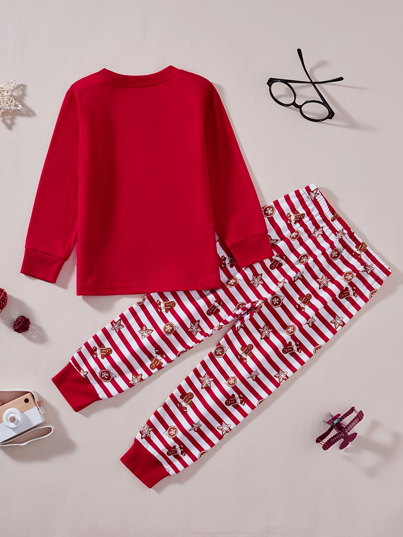 [Christmas Santa Claus Set] Christmas Santa Claus Boys & Girls Set - Red Long Sleeve Top with Santa & Snowflake Print, Red & White Striped Pants, Round Neck, All-Season Comfort, Casual Home Wear, Christmas Pajamas, Christmas