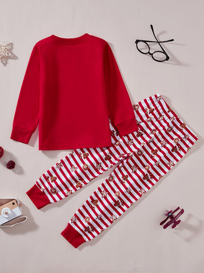 [Christmas Santa Claus Set] Christmas Santa Claus Boys & Girls Set - Red Long Sleeve Top with Santa & Snowflake Print, Red & White Striped Pants, Round Neck, All-Season Comfort, Casual Home Wear, Christmas Pajamas, Christmas