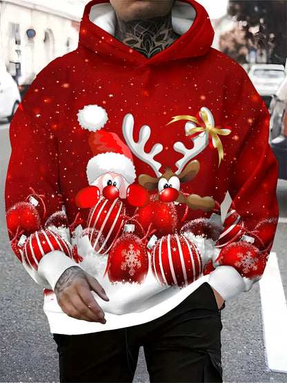 Men'S Christmas Hoodie - Santa Hat & Reindeer Graphic Pullover Sweatshirt, Red Holiday Sweater for Xmas Party Outfit, Casual Winter Wear - Cozy Men'S Clothing Gift, Christmas Clothes, Festive Casual Attire, Allover Print Desi