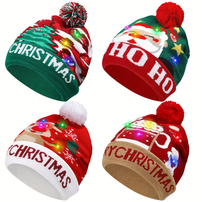 4pcs LED Light-Up Christmas Hats - Festive Knit Winter Hats with Glitter Accents, Perfect for Adults & Kids, Christmas & New Year Celebrations,  Material, Battery Operated (Button Battery), Christmas Accessories Halloween&Chr