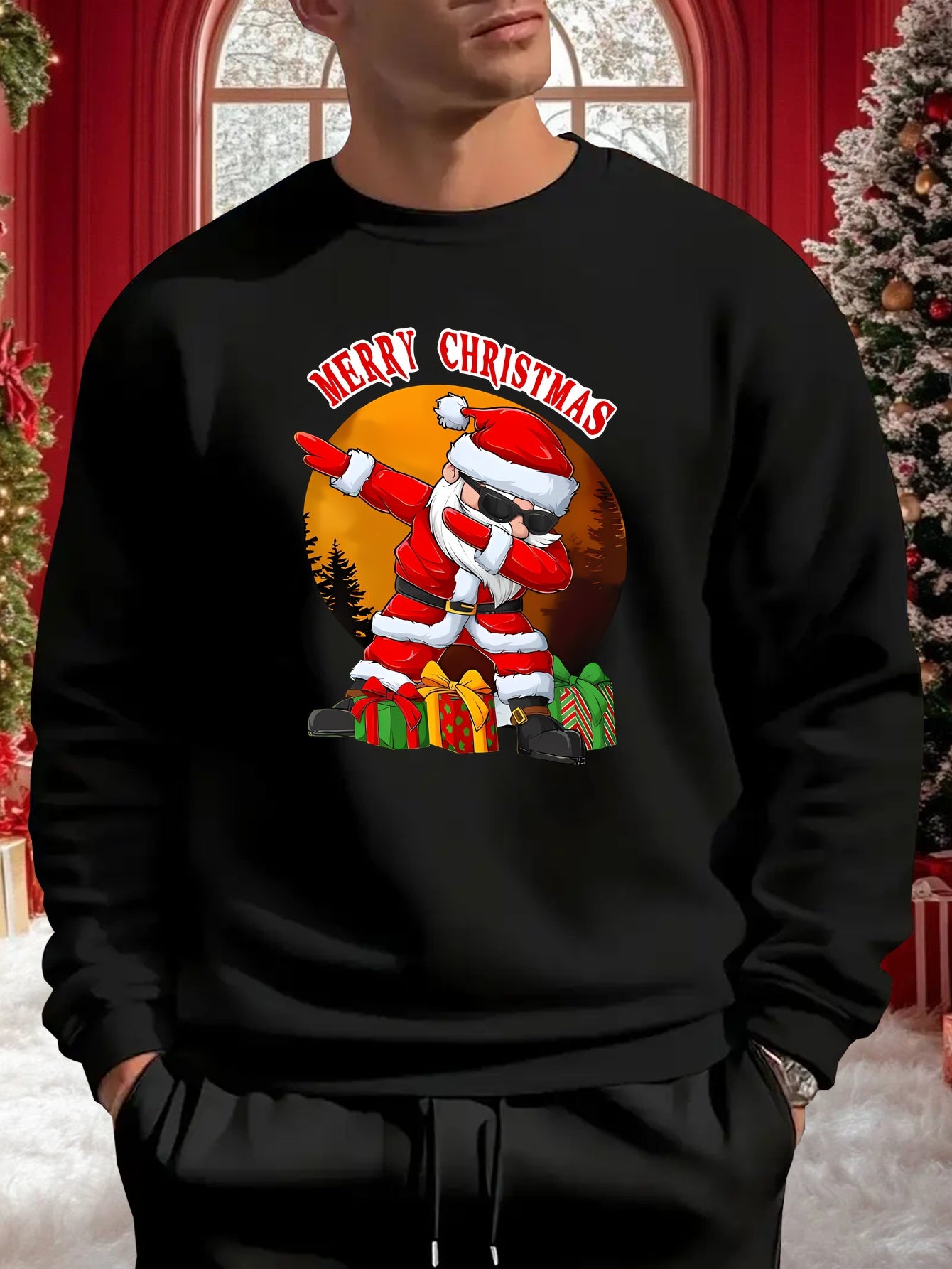 Men's Christmas Santa Claus & Reindeer Print Sweater, Oversized Round Neck Casual Pullover, 'Merry Christmas' Lettering Loose Fit Winter Warmth, Machine Washable Holiday Party Outfit, Christmas Clothes Festive Clothing