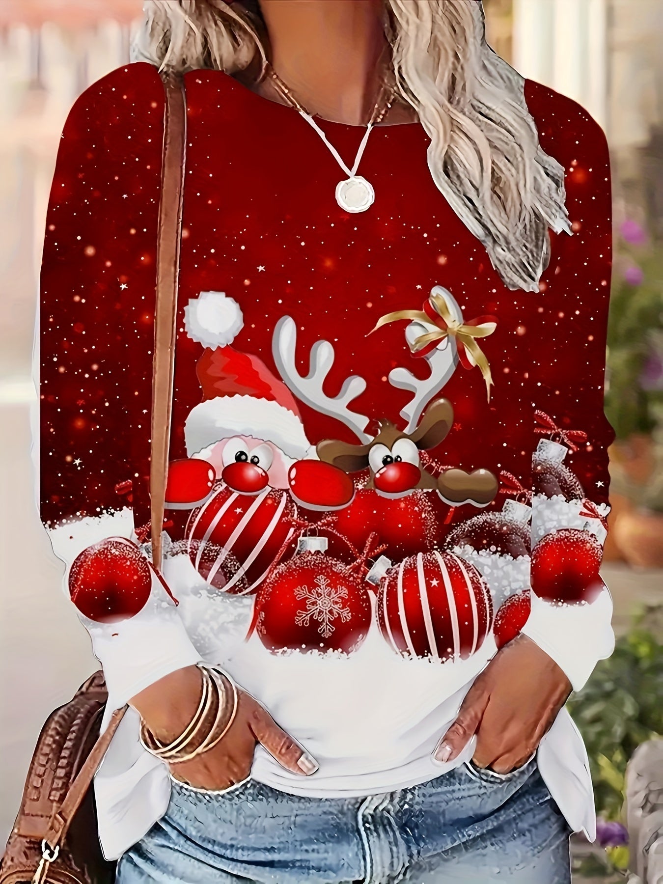 [Christmas Sweater-like Top] Christmas Women's Long Sleeve T-Shirt - Red & White Santa Reindeer Candy Cane Snowflake Print Sweater-like Top | Round Neck Casual Holiday Party Outfit, Machine Washable Winter Blouse (All-Season