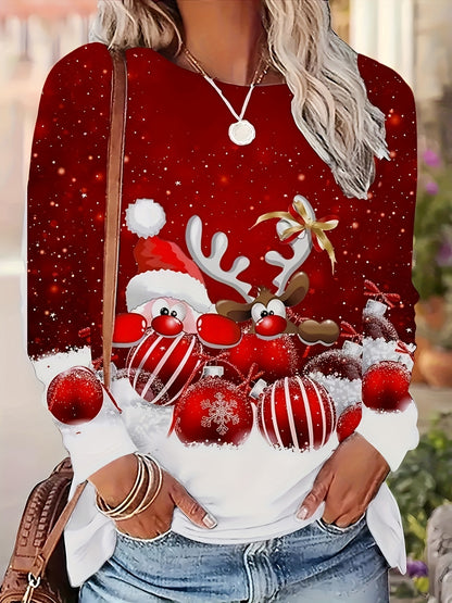 [Christmas Sweater-like Top] Christmas Women's Long Sleeve T-Shirt - Red & White Santa Reindeer Candy Cane Snowflake Print Sweater-like Top | Round Neck Casual Holiday Party Outfit, Machine Washable Winter Blouse (All-Season