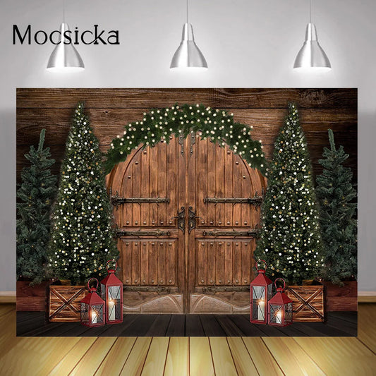 Christmas Trees Winter Backdrop for Photography Vintage Rustic Wooden Door Lamp Background Xmas Portrait Cake Smash Photo Shoot