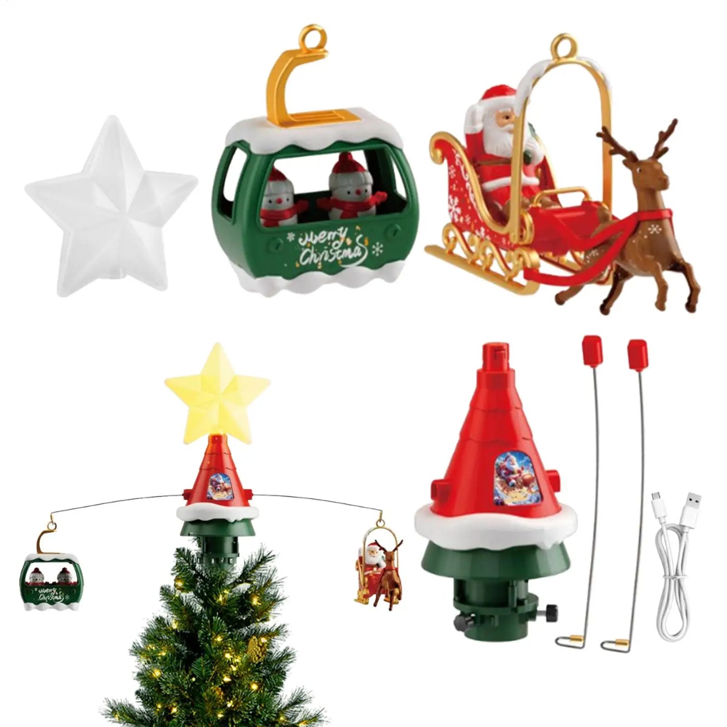 Christmas Tree Topper Rotating Treetop Decoration Tree Topper Ornaments Holiday Winter Party Supplies with LED Light and Music