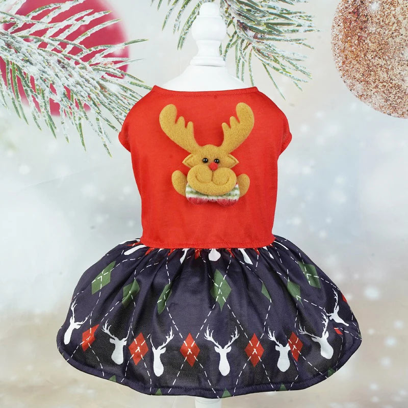 Christmas Dog Dresses New Year Dog Clothes Fancy Princess Puppy Dress Fashion Bow Cat Skirt Holiday Print Pet Costumes Dog Skirt
