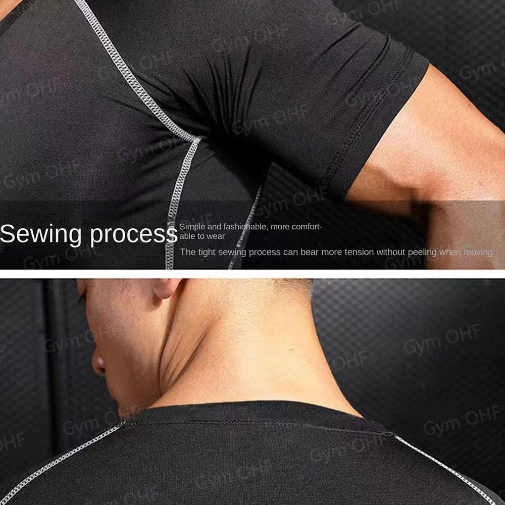 Gym Fitness T shirt Men's Short Sleeve Summer Boxing Jersey Legging Men Rashguard Compression Pants Quick Dry Tight T-shirts Men