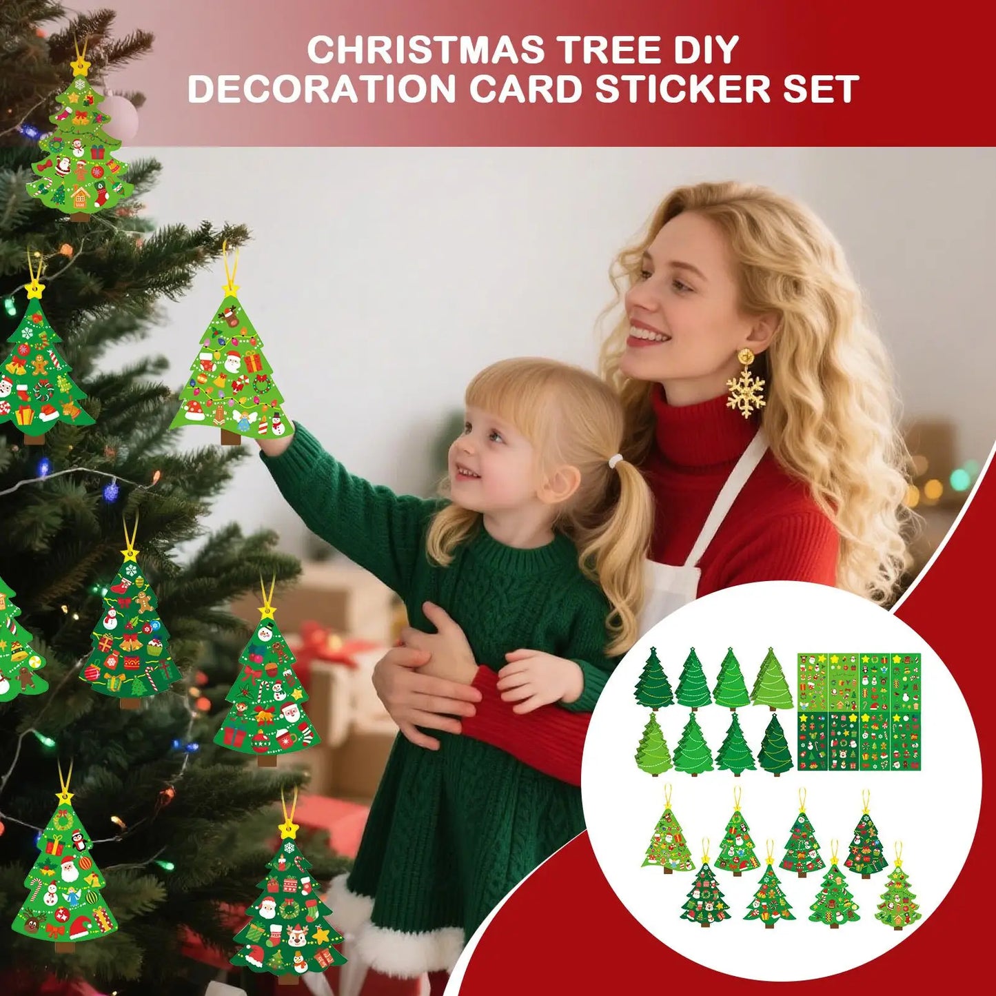 Christmas Tree DIY Craft Set for Kids 24 Cards Stickers Ribbons Interactive Ornaments Toddler Wall Decor Classroom Activity