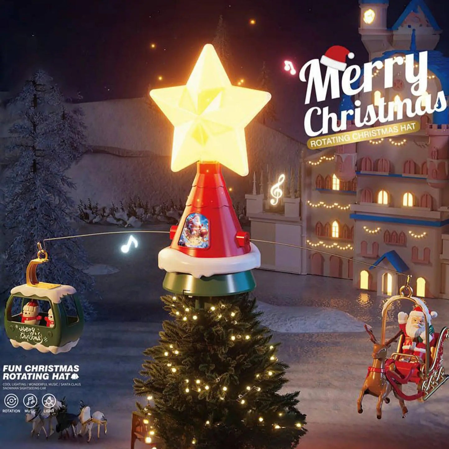 Christmas Tree Topper Rotating Treetop Decoration Tree Topper Ornaments Holiday Winter Party Supplies with LED Light and Music