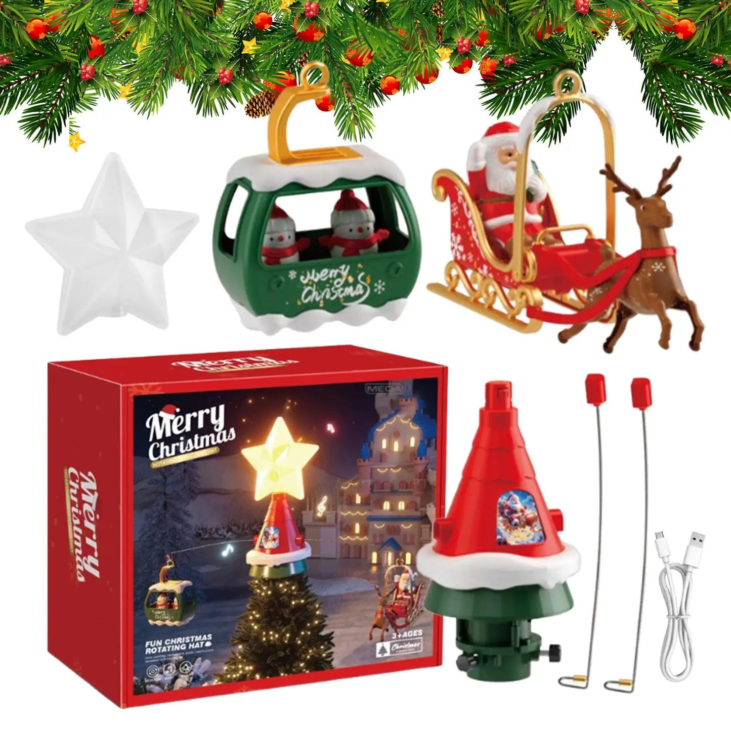Christmas Tree Topper Rotating Treetop Decoration Tree Topper Ornaments Holiday Winter Party Supplies with LED Light and Music