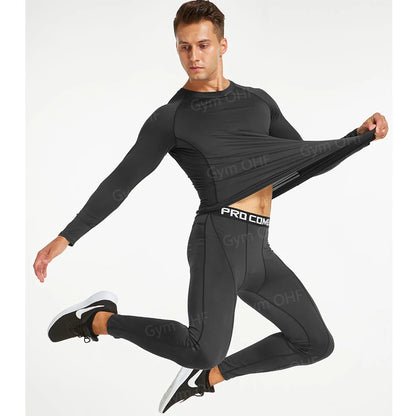 Gym Fitness T shirt Men's Short Sleeve Summer Boxing Jersey Legging Men Rashguard Compression Pants Quick Dry Tight T-shirts Men