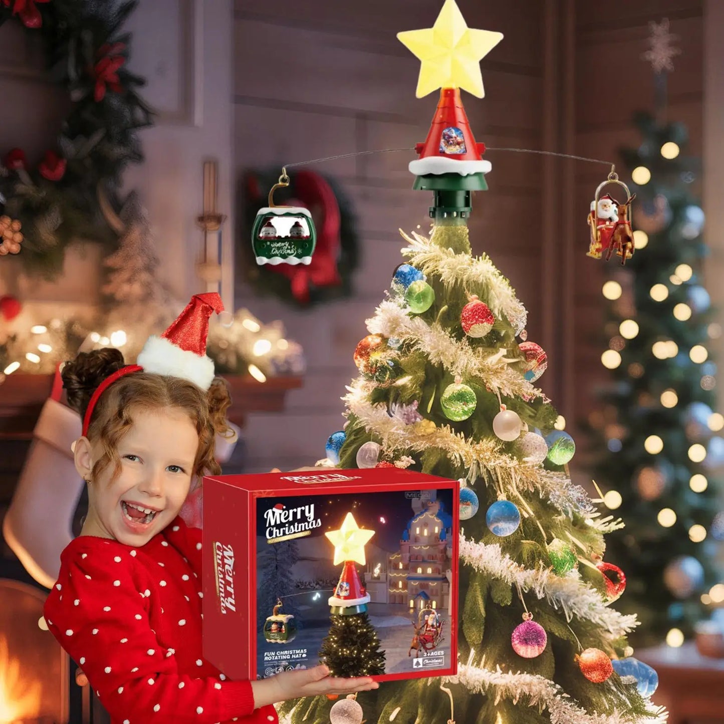 Christmas Tree Topper Rotating Treetop Decoration Tree Topper Ornaments Holiday Winter Party Supplies with LED Light and Music