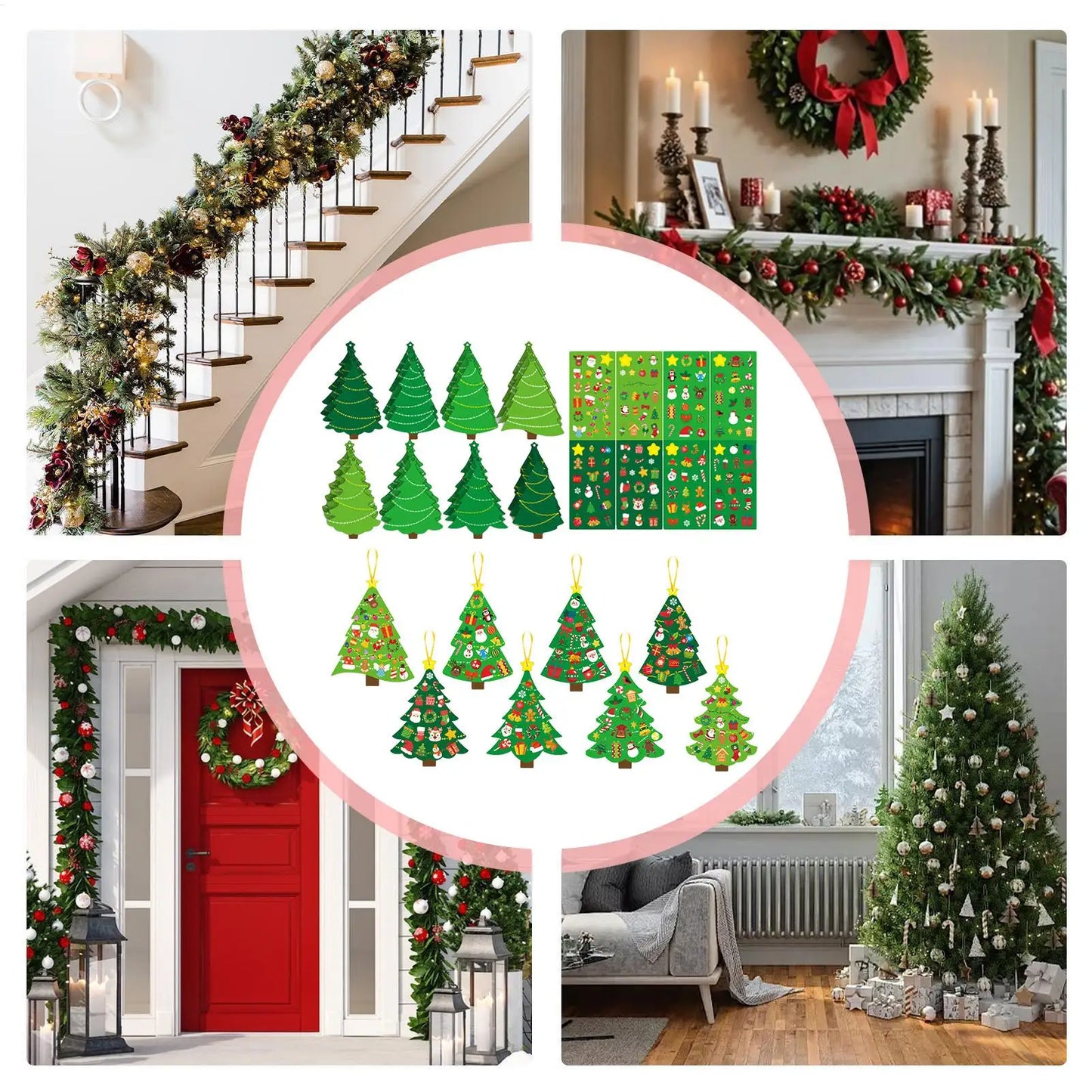 Christmas Tree DIY Craft Set for Kids 24 Cards Stickers Ribbons Interactive Ornaments Toddler Wall Decor Classroom Activity