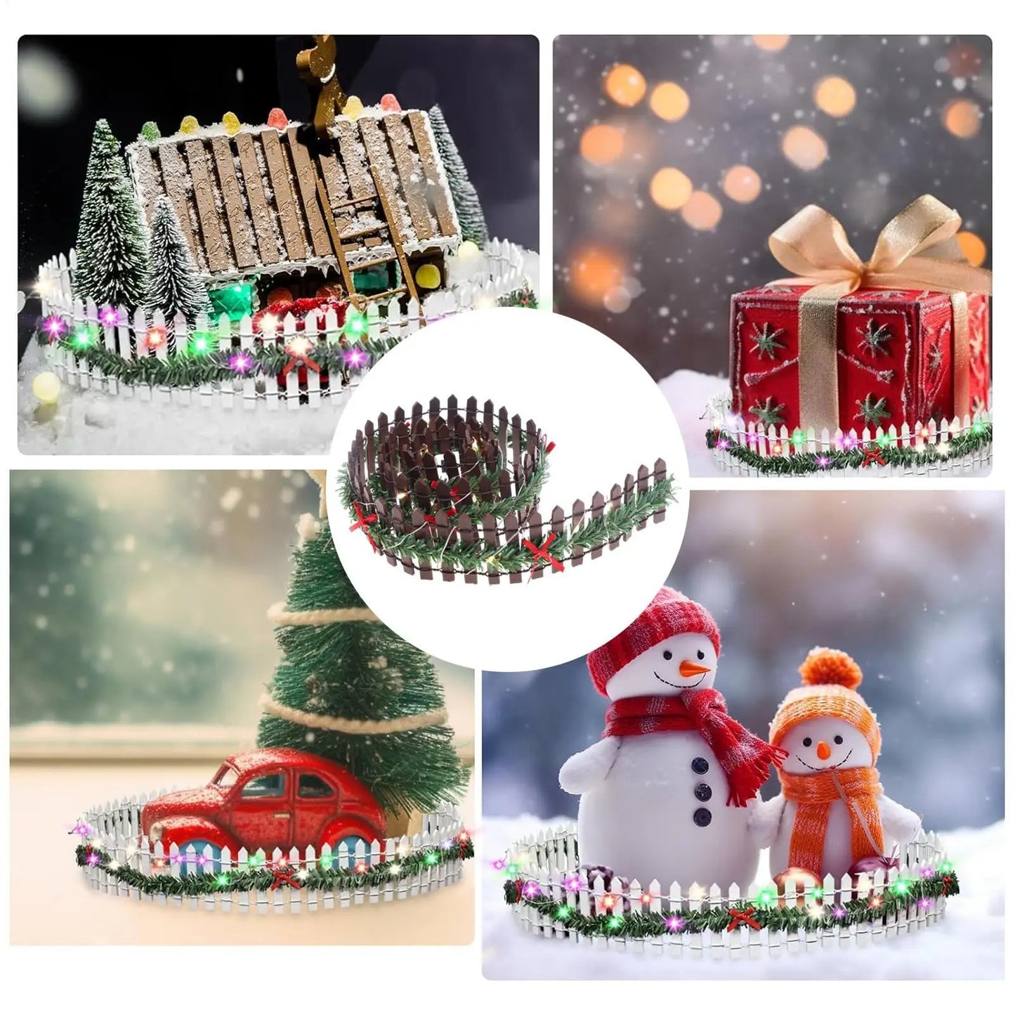 Christmas Tree Miniature Fence Handmade Rattan Wooden Village Barrier Fairy Garden Fences with LED Light Landscaping Props