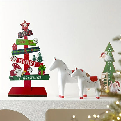 A small wooden Christmas tree with holiday decorations, Santa Claus, and gift designs, made of wood for holiday decorations