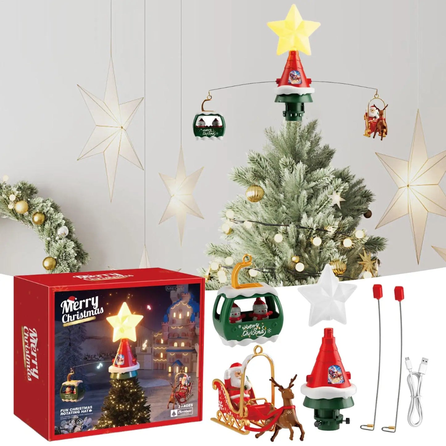 Christmas Tree Topper Rotating Treetop Decoration Tree Topper Ornaments Holiday Winter Party Supplies with LED Light and Music