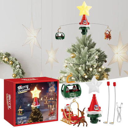 Christmas Tree Topper Rotating Treetop Decoration Tree Topper Ornaments Holiday Winter Party Supplies with LED Light and Music