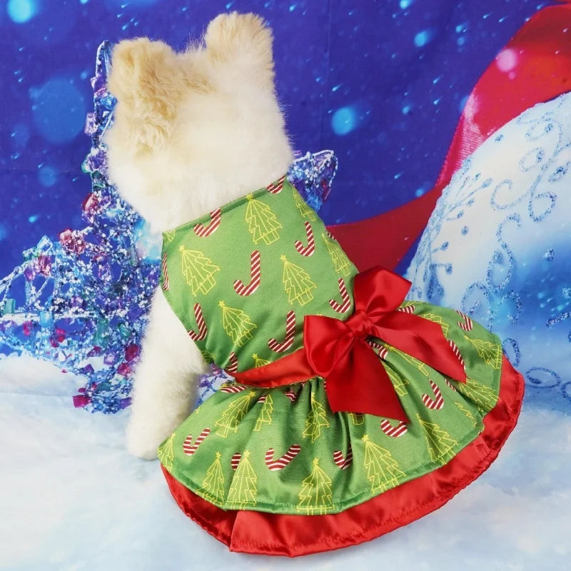 Christmas Dog Dresses New Year Dog Clothes Fancy Princess Puppy Dress Fashion Bow Cat Skirt Holiday Print Pet Costumes Dog Skirt