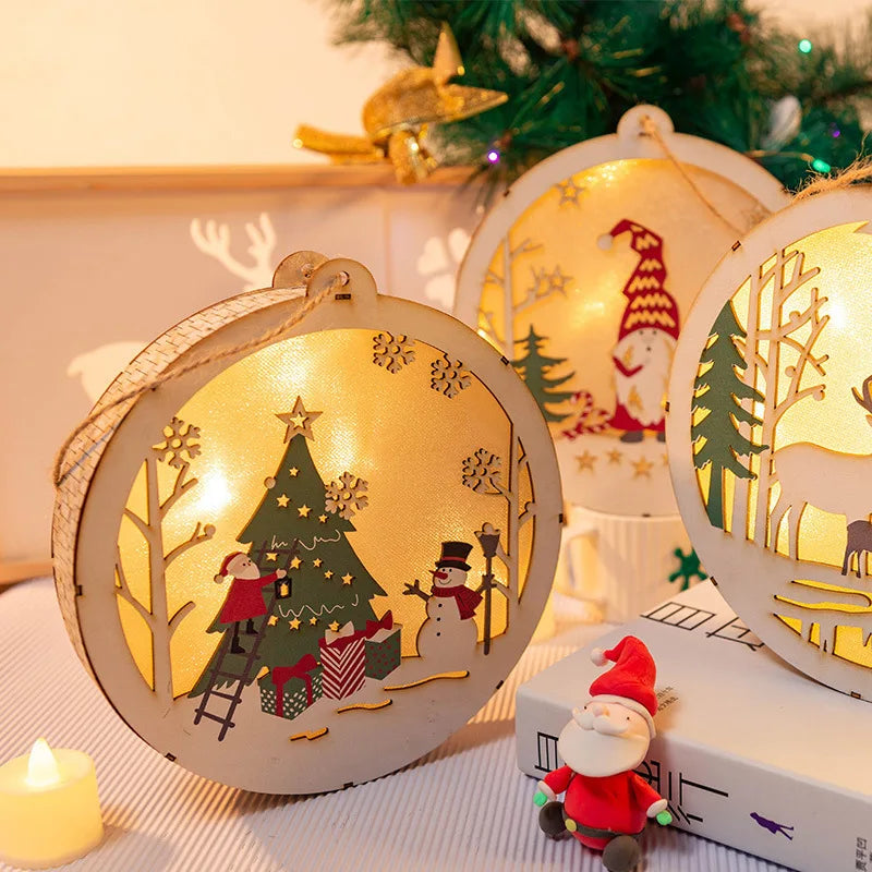 Christmas Decorations DIY Handmade House Luminous Wooden Ornaments Christmas Tree Snowman Atmosphere Pendant Send Light String