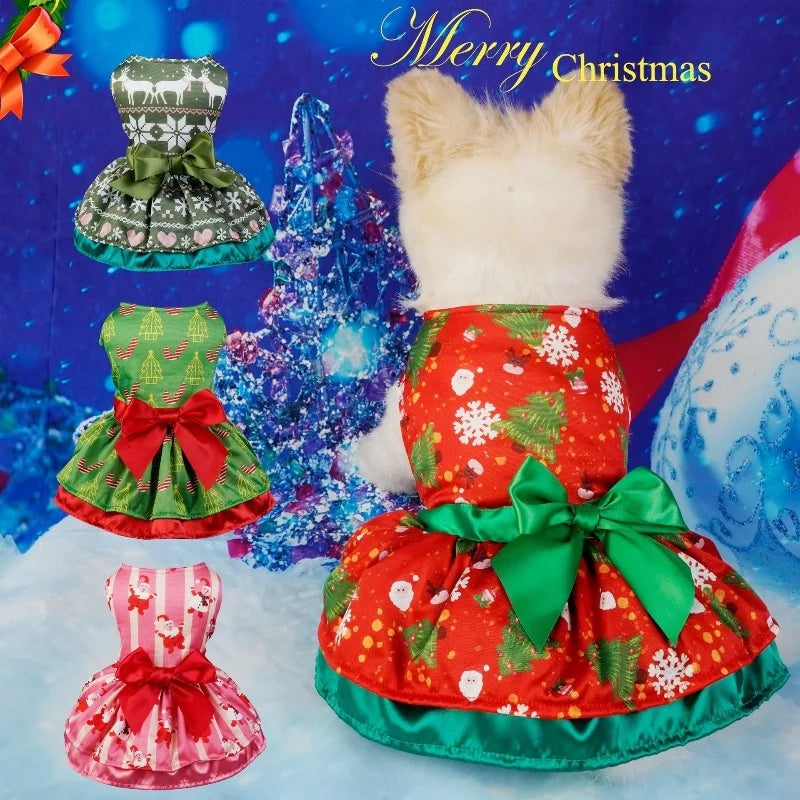 Christmas Dog Dresses New Year Dog Clothes Fancy Princess Puppy Dress Fashion Bow Cat Skirt Holiday Print Pet Costumes Dog Skirt