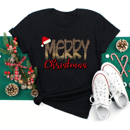Funny Love Merry Christmas women's Clothes Santa Print Female T-shirts Black red white Casual Women Tops Xmas Party women's Tops