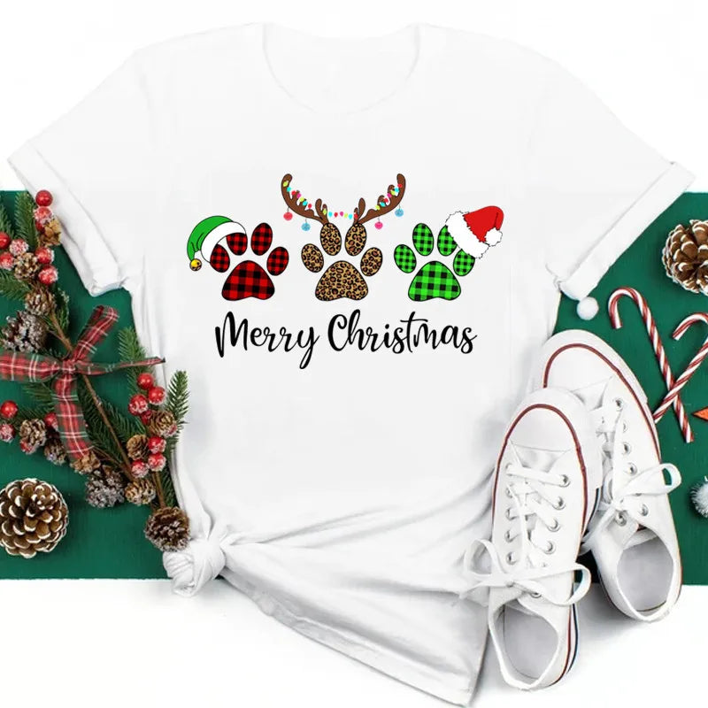Funny Love Merry Christmas women's Clothes Santa Print Female T-shirts Black red white Casual Women Tops Xmas Party women's Tops