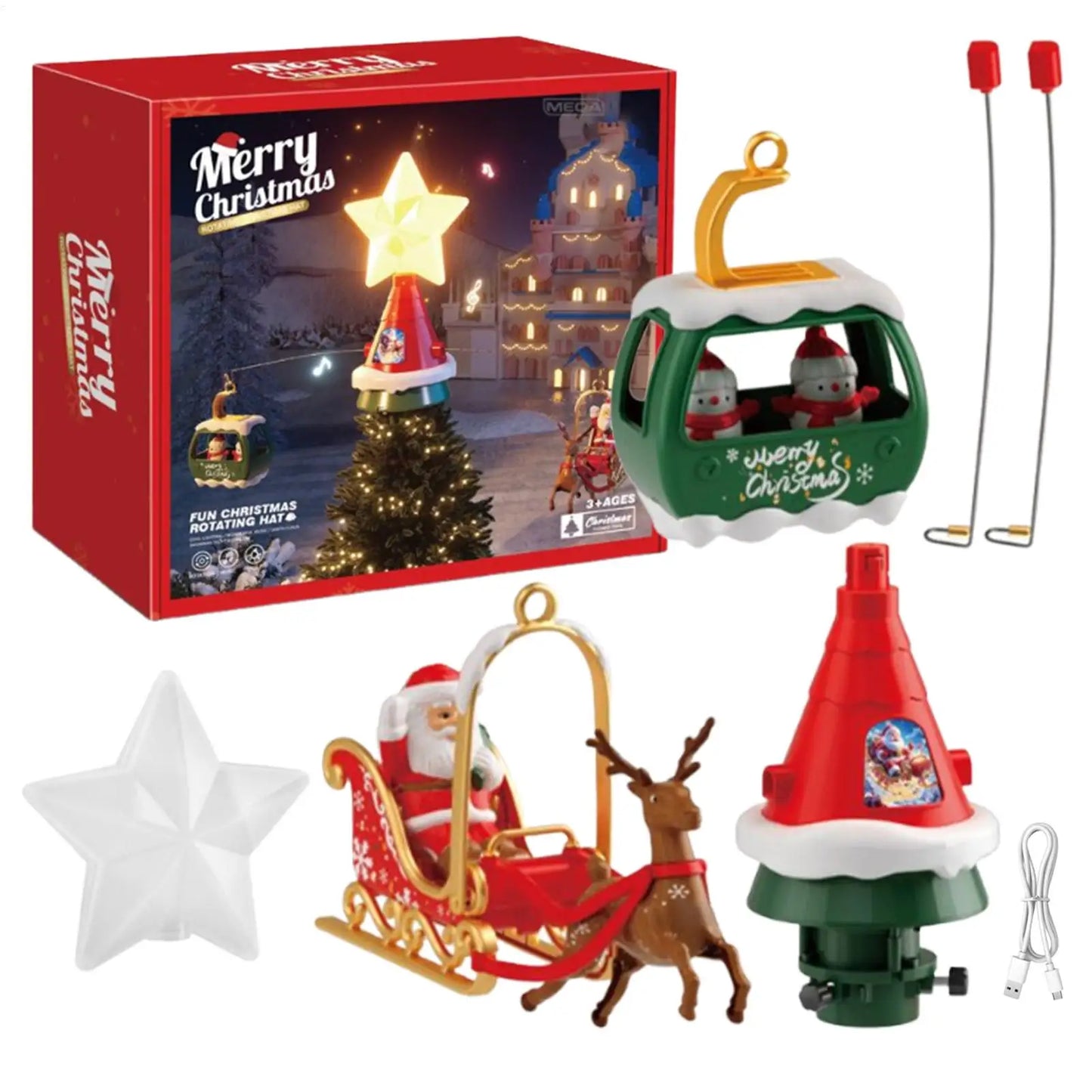 Christmas Tree Topper Rotating Treetop Decoration Tree Topper Ornaments Holiday Winter Party Supplies with LED Light and Music