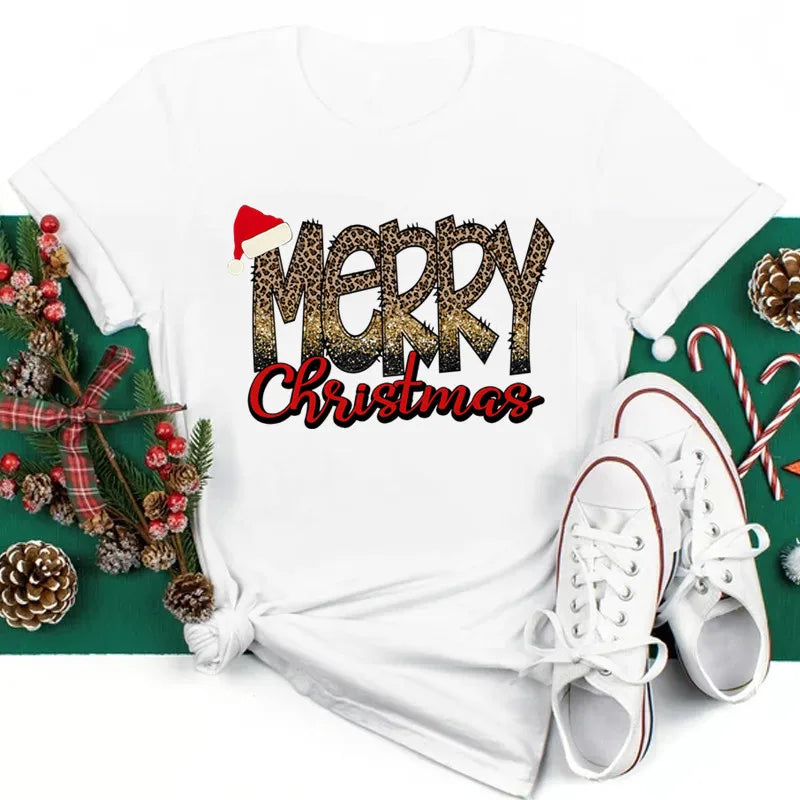 Funny Love Merry Christmas women's Clothes Santa Print Female T-shirts Black red white Casual Women Tops Xmas Party women's Tops