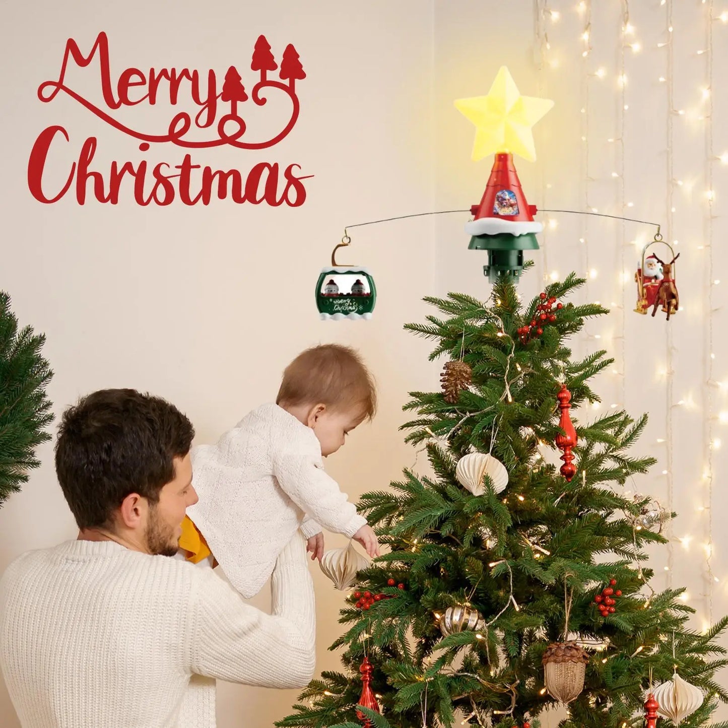 Christmas Tree Topper Rotating Treetop Decoration Tree Topper Ornaments Holiday Winter Party Supplies with LED Light and Music