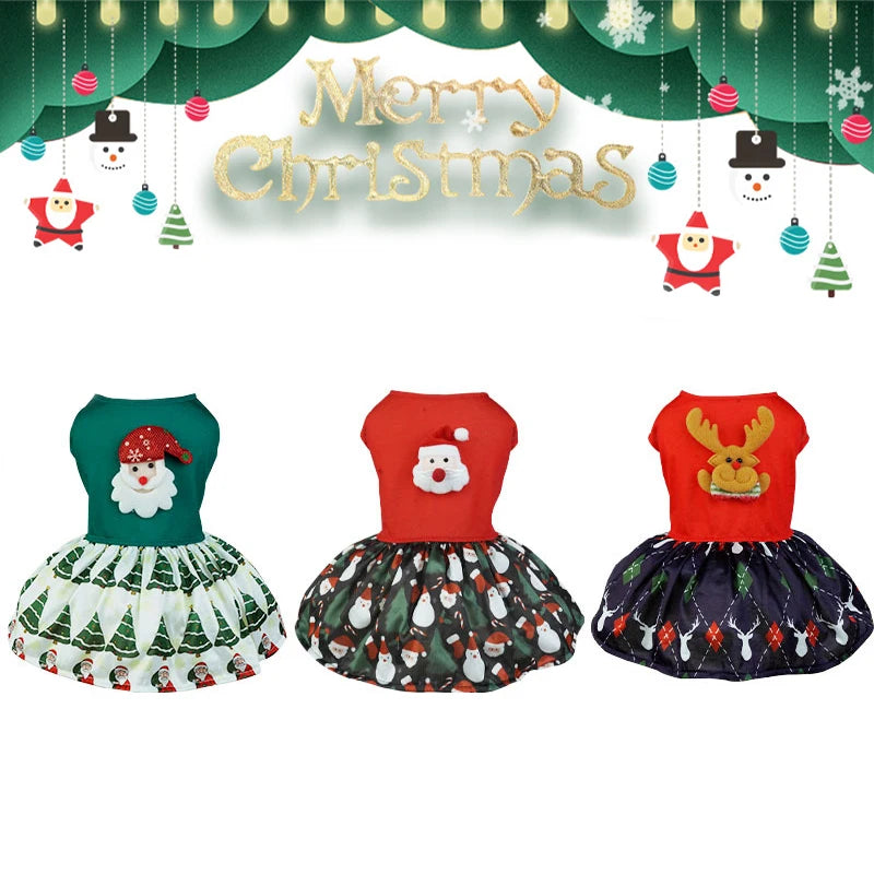 Christmas Dog Dresses New Year Dog Clothes Fancy Princess Puppy Dress Fashion Bow Cat Skirt Holiday Print Pet Costumes Dog Skirt