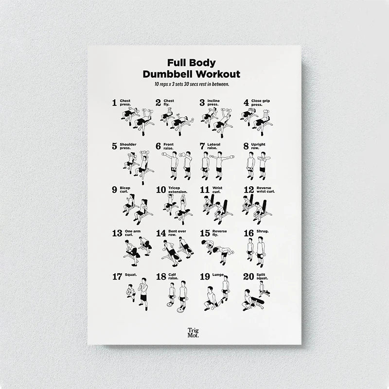 Dumbbell Gym Chart Poster Prints Fitness Workout Training Exercise Canvas Painting Black White Art Home Decor Cuadros