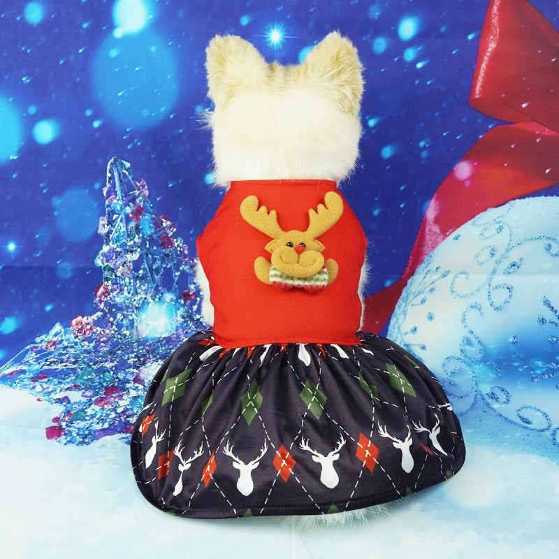 Christmas Dog Dresses New Year Dog Clothes Fancy Princess Puppy Dress Fashion Bow Cat Skirt Holiday Print Pet Costumes Dog Skirt