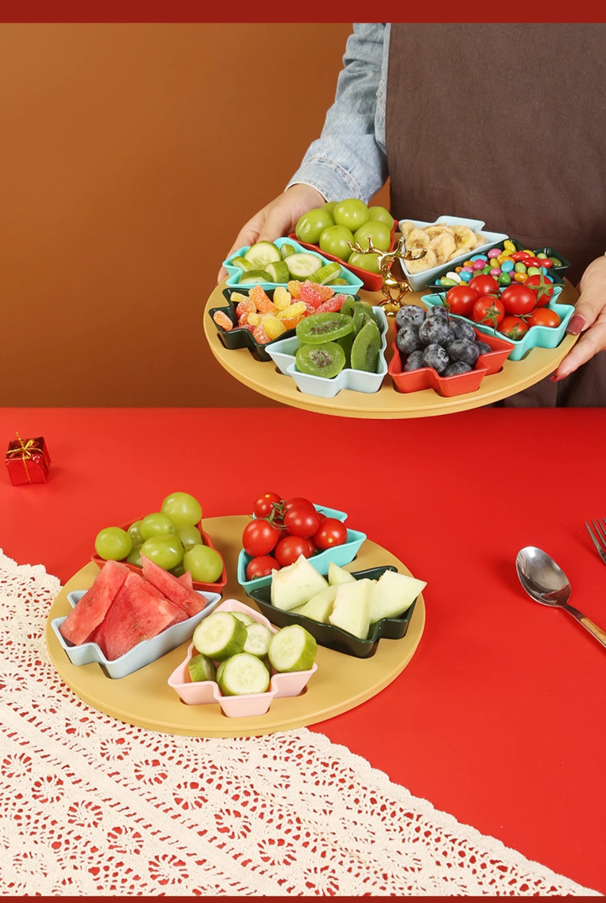 Christmas tree fruit tray, grid fruit tray, household dried fruit tray, snack tray, fruit tray, living room creative high aesthe