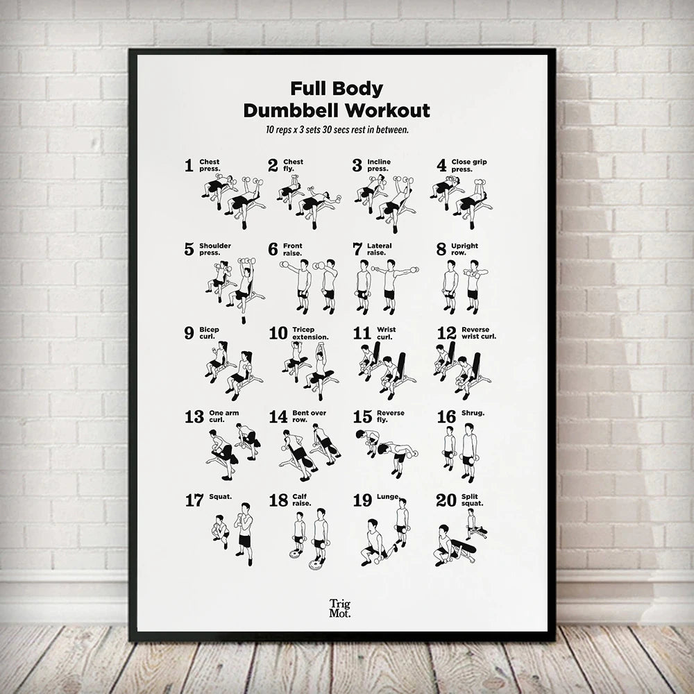 Dumbbell Gym Chart Poster Prints Fitness Workout Training Exercise Canvas Painting Black White Art Home Decor Cuadros