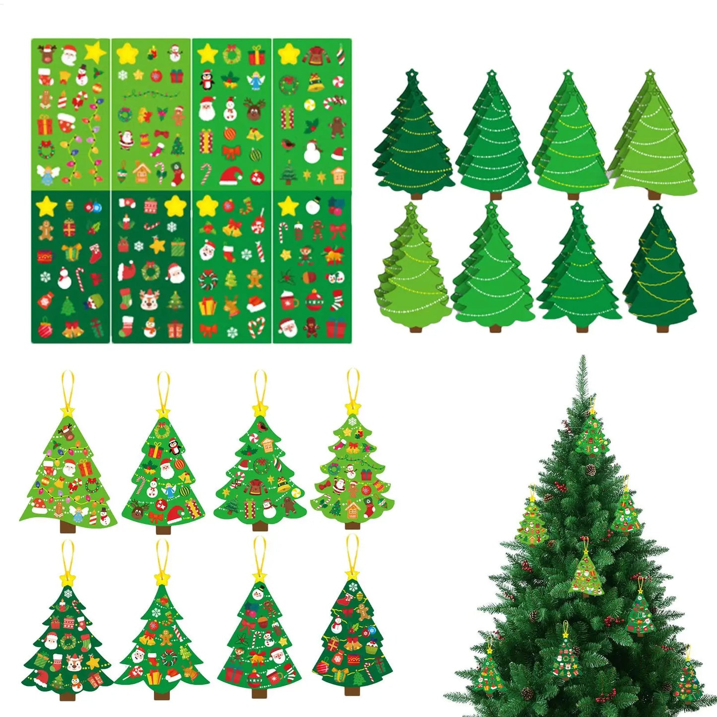 Christmas Tree DIY Craft Set for Kids 24 Cards Stickers Ribbons Interactive Ornaments Toddler Wall Decor Classroom Activity
