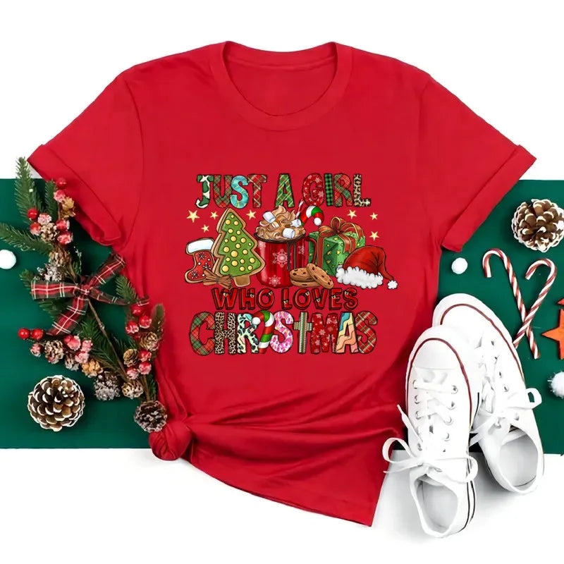Funny Love Merry Christmas women's Clothes Santa Print Female T-shirts Black red white Casual Women Tops Xmas Party women's Tops