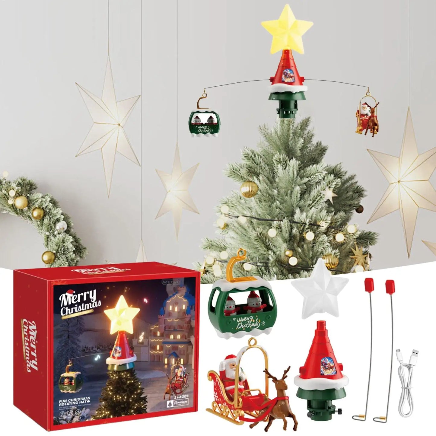Christmas Tree Topper Rotating Treetop Decoration Tree Topper Ornaments Holiday Winter Party Supplies with LED Light and Music