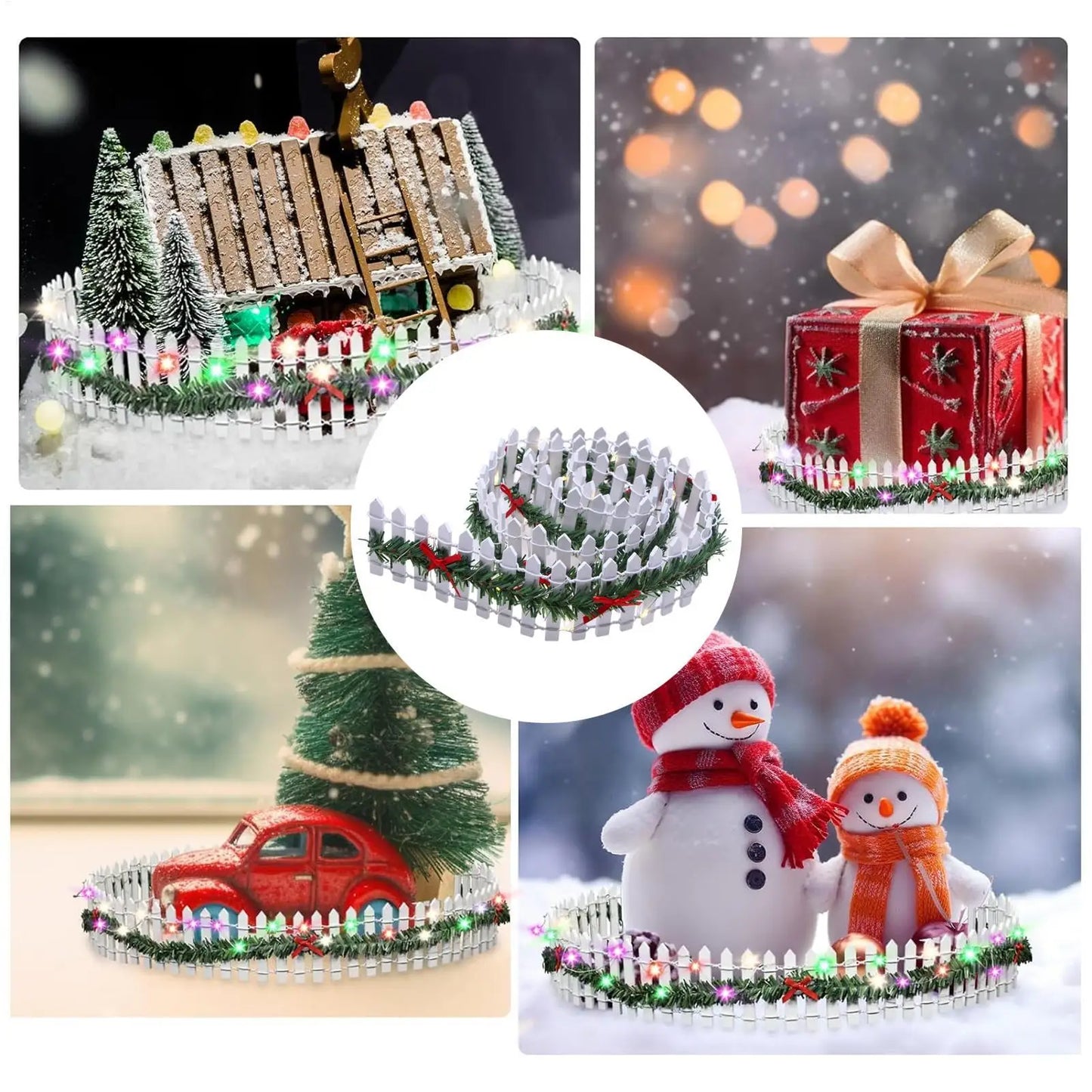 Christmas Tree Miniature Fence Handmade Rattan Wooden Village Barrier Fairy Garden Fences with LED Light Landscaping Props