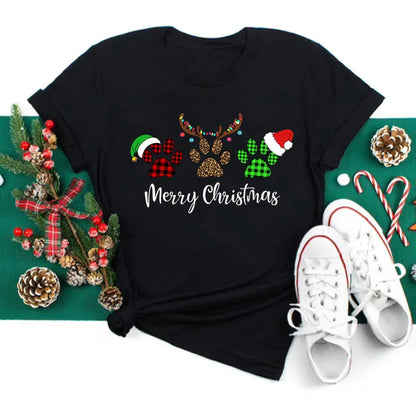 Funny Love Merry Christmas women's Clothes Santa Print Female T-shirts Black red white Casual Women Tops Xmas Party women's Tops