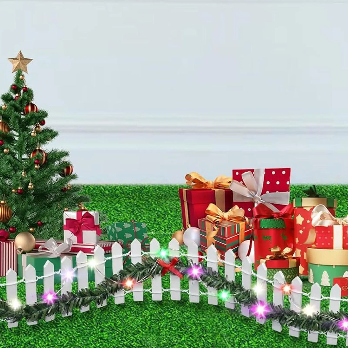 Christmas Tree Miniature Fence Handmade Rattan Wooden Village Barrier Fairy Garden Fences with LED Light Landscaping Props