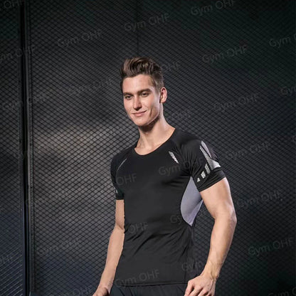 Gym Fitness T shirt Men's Short Sleeve Summer Boxing Jersey Legging Men Rashguard Compression Pants Quick Dry Tight T-shirts Men