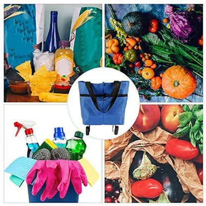 Household Portable Folding Cart Roller Shopping Bags Outdoors Food and Fruits Storage Foldable Trolley Wheel Supermarket Bag ﻿